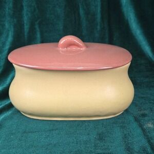 Vintage Brush USA Pottery P28 Covered Bowl Yellow Pink Palette Logo